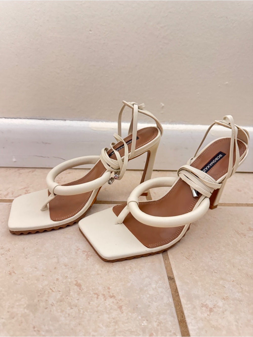 BCBGMaxAzria Cream Strappy Square-Toe High Heel Sandals